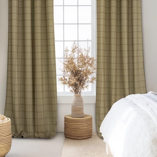 PONY DANCE Cortinas de Lino Semi-Translucidas, Visillos Salon con Ojales Sheer Curtains con Estampada de Cuadros a Sargas para Cocina/Comedor/Dormitorio 2 Piezas,132x245cm,Lino