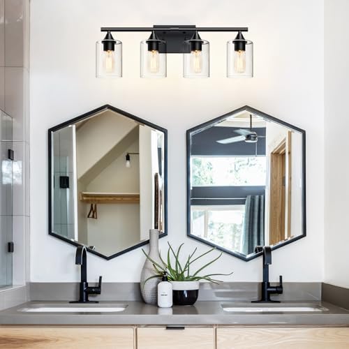 Image of 4-Light Bathroom Light Fixtures,Black Bathroom Vanity Light,Bathroom Lights Over Mirror with Clear Glass Shade,Modern Sconce Wall Lighting for Mirror Bedroom Vanity Hallway