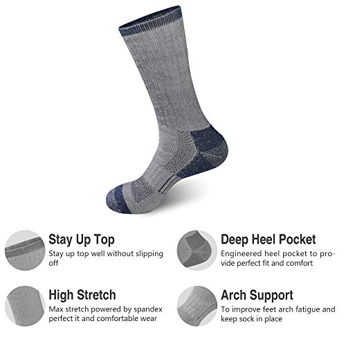 GKX Men's Merino Wool Moisture Wicking Outdoor Hiking Trekking Work Cushion Crew Socks 9-11,10-133