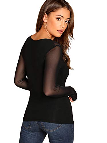 Romwe Women's Sheer Mesh Slim fit Top Long Sleeve See Through Tee Blouse Black Large