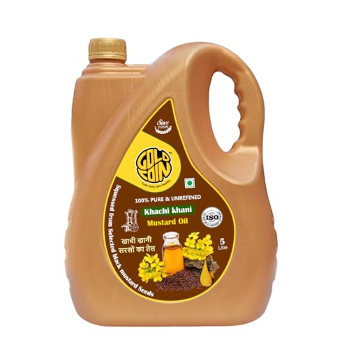 Image of GOLD COIN Wood Cold Pressed Mustard Oil 5 Litre | Kacchi Ghani Sarso Ka Tel | Black Mustard Seeds | A1 Grade | Unrefined | Omega-3 ALA | 0 Trans Fat | Pure Cooking Oil for Frying, Pickling & Daily Use