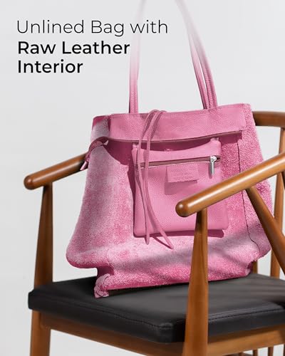 Image of Genuine Italian Leather Tote Bag for Women, Large Slouchy Purse, Pink | Unstructured bag, raw unlined interior with zip pocket, top zipper, side ties, folds flat, fits a 16-inch laptop, lightweight
