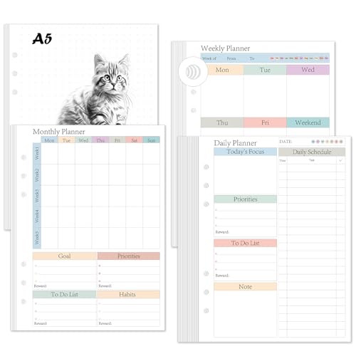 A5 Planner Refill Pages Planner Inserts Daily Weekly Monthly 120 Sheets/240 pages for 6 Ring Binder Undated Planners Refills Colorful To Do List Refill Paper 120 GSM Thick Loose Leaf Paper for 3 Months Neurodivergent Journal Productivity Adults 5.8 x 8.3