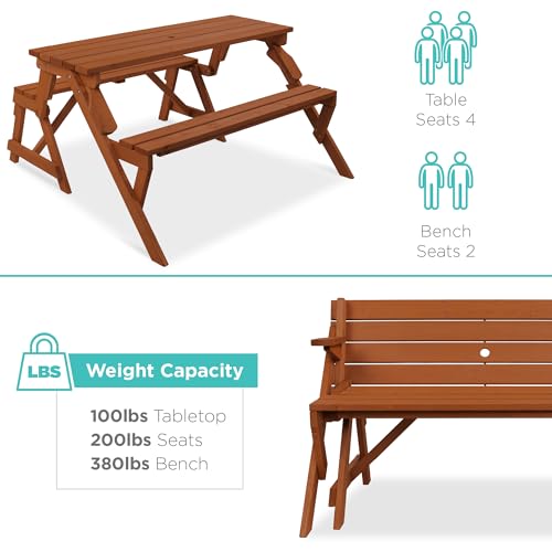 Image of Best Choice Products 2-in-1 Transforming Interchangeable Outdoor Wooden Picnic Table Garden Bench for Backyard, Porch, Patio, Deck w /Umbrella Hole - Acorn