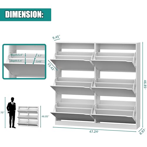 Image of Xixini Shoe Storage Cabinet for Entryway with 6 Flip Drawers, Sturdy Wood Hidden Shoe Storage, Freestanding Narrow Slim Shoe Organizer for Front Door Entrance, Living Room, Hallway, Bedroom, White