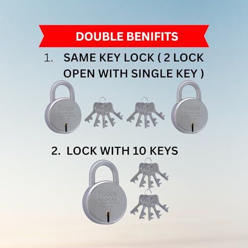 Image of Foora Same Key Lock Set | 2 Heavy Duty Padlocks with 10 Keys | Double Locking 8 Lever Mechanism | Strong Metal Body | Multiple Lock and Key for Home, Door Lock, Gate Lock, and Shutter Security