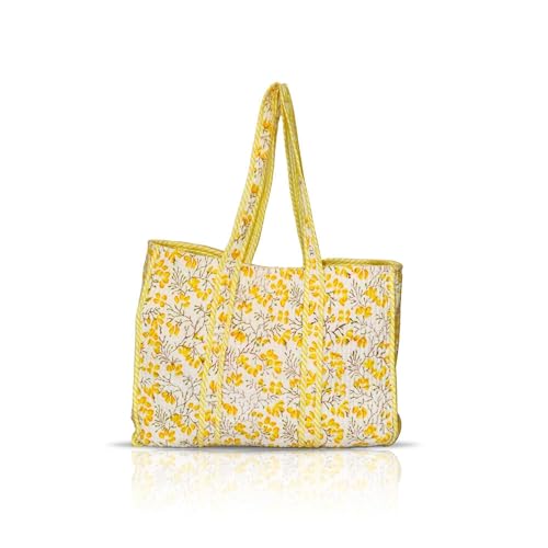Bohcreation Women’s Cotton Tote Bag – Floral Printed Eco-Friendly Shopper, Lightweight Quilted Shoulder Purse for Beach, Travel Carry-On & Everyday Shopping (Yellow, Without Zip)