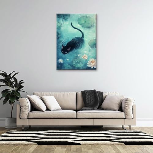 Chat noir nageant tableau sur toile pour masquer un mur vide