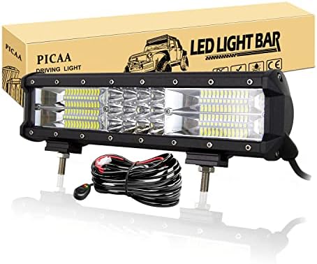 PICAA LED Light Bar 7D Tri-Row 12in 180W Spot Flood Combo Beam LED Tractor Work Lights Bar Lamp Light for Car Tuck Offroad Driving Lamp SUV UTE 4WD 12V Driving Work Lamp with wiring harness