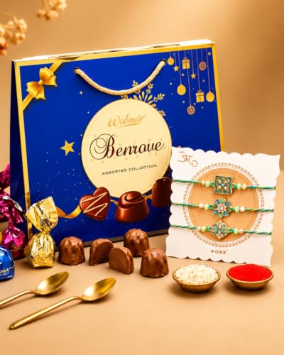 Image of HyperFoods Rakhi Set for Brother with Chocolate Gift Pack Benrove Chocolate 350g Gift Hamper with Set of 3 Rakhis Gifts Pack for Brothers Chocolates (Assorted Color Bags) with Rakhi Set for Brother