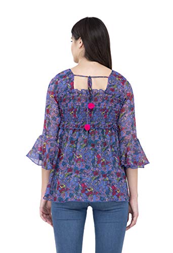 Image of POPWINGS Printed Chiffon Peplum Tops for Women || 3 /4th Sleeves Square Neck Women Tops for Summer || Stylish Western Smocking Women Tops