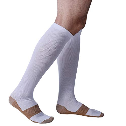 ASRocky Graduated Compression Socks Calf High Below Knee Mens Womens Sock Leg Foot Ankle Heel Support Pain Relief Stockings Reduce Swelling (1 Pr, Sm/Med, Wht/Cu)