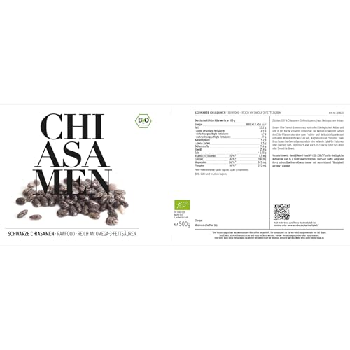 Bio Chiasamen schwarz 500 g – Rohkostqualität & naturrein – Ballaststoffreich, proteinreich & vegan – Ohne Zusätze – Ideal für Pudding, Müsli & Smoothies