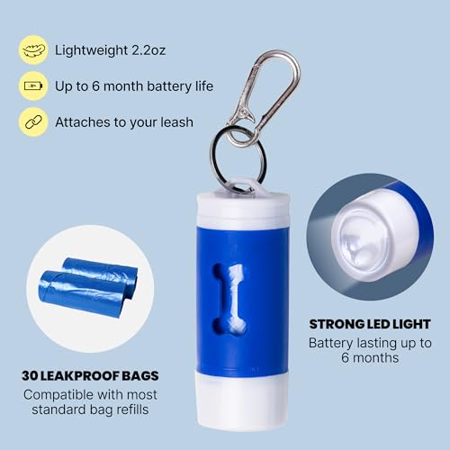 Image of MalsiPree Dog Poop Bag Holder With Flashlight - 30 Leakproof Bags - Up to 6 Month Battery - Poop Baggy Dispenser - LED Light - Dog Bag Holder Essential Walking Accessory for All Leashes