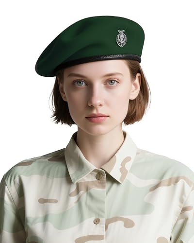 Beret Hats for Women & Beret Hat Men - US Army Style 100% Wool Military Berets Vintage British Officer Look Warm Slouchy Unisex Cap-Green Hat (L)