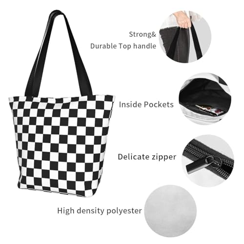 Check Black White Checkered Pattern Checkerboard Reusable Zippered Shoulder Bag, Stylish Polyester Tote With Wide Handle & Inner Pocket, Lightweight Durable Shopping & Travel Bag3