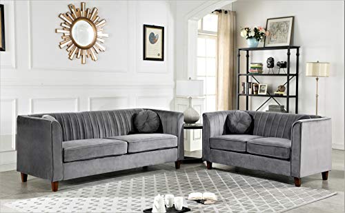 Container Furniture Direct Arvilla Velvet Loveseat with Bolster Pillows, Soft Upholstery, Mid Century Modern Design, Chesterfield-Inspired Sofa Couch for Living Rooms, Fossil Grey