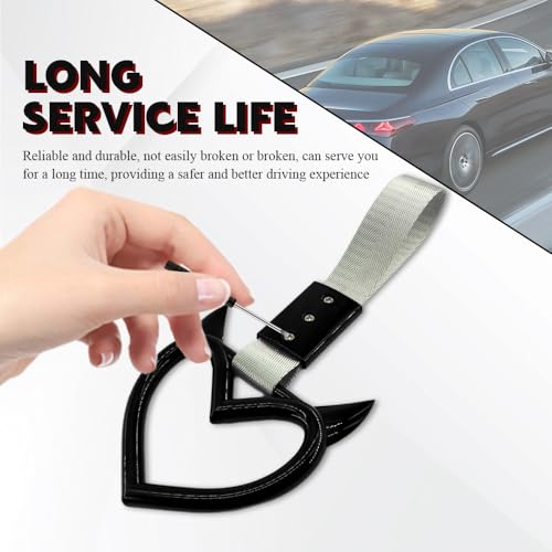 Image of 2PCS Heart shaped Car Handle Straps, Heart Car Accessories, Ring Hearts Shaped Cars Hand Strap Drift Charm, Universal Handle Keychains Accessory Suitable for Cars Bus (Black+silver)
