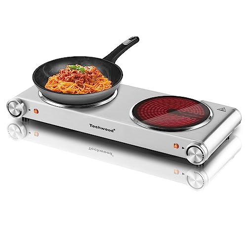 Hot Plate Electric Stove, Techwood Electric Double Burner 1800W Powerful Infrared Ceramic Double Cooktop With Adjustable Temperature Control, Compatible for All Cookwares, Indoor & Outdoor Use
