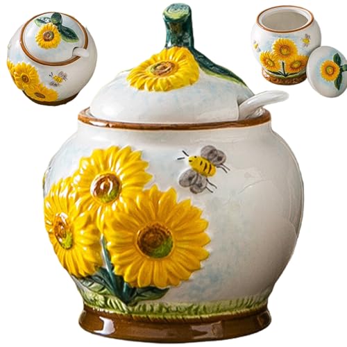 Sugar Container, Embossed Sunflower and Bee Sugar Bowl with Lid and Spoon Sugar Pot, 4x4.7 Ceramic Sugar Bowl for Kitchen Countertop, Coffee Bar Storage