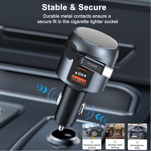Image of 60W Retractable Car Charger, 3-Port USB-C Car Charger Adapter with Built-in Retractable Cable, Fast Charging Cigarette Lighter Adapter for iPhone 16 /15, Galaxy S25 /S24, Pixel, iPad(Black)