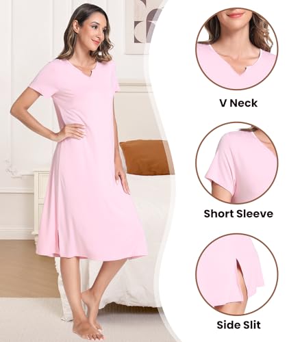 Image of NACHILA Women's Nightgowns-Viscose Made from Bamboo, Short Sleeve Sleepshirts V Neck Night Dress Cool Sleepwear