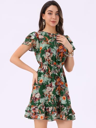 Image of Allegra K Women's Ruffle Sleeve Self-Tie V Neck Flowy Ruffled A-Line Floral Chiffon Dress