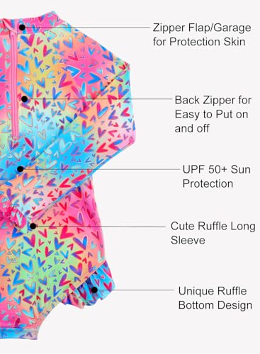 Image of Baby Toddler Girl Long Sleeve Ruffle Swimsuit One Piece Zipper Rash Guard Bathing Suit with UPF 50+ Sun Protection