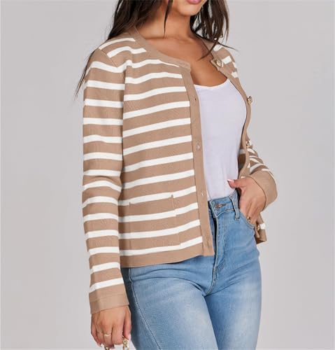 Women's Striped Cardigan Sweater Open Front Gold Button Down Cropped Knit Long Sleeve Crewneck Lady Jackets Coat3