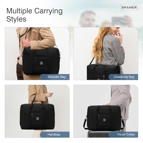 SPAHER Reisetasche 55x40x20 Handgepäck Tasche Ryanair Handgepäck 55x40x20 Tasche Flugzeug Groß Leichter Flugzeug Organizer Duffle Bag 45L Packbare Holdall Handtasche für Herren und Damen Schwarz