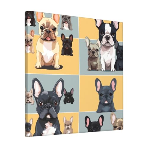 Toile murale imprimée bouledogue français avec cadre en bois - 30 x 30 cm - Impression sur toile moderne - Décoration élégante pour maison, bureau, hôtel