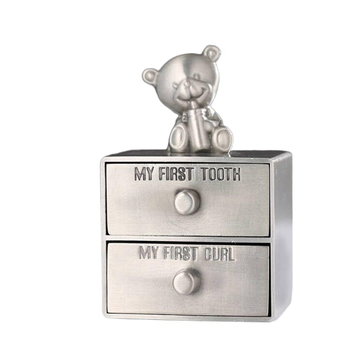 Adorable Baby Keepsake Box – First Tooth and Curl Memory Holder with Teddy Bear – 2-Drawer Vintage Silver Zinc Alloy Gift for Newborn Boys & Girls