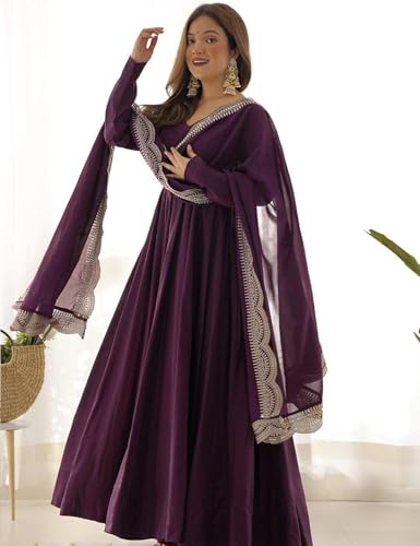 Image of Women Georgette Anarkali Gown with Dupatta Floor Length Dress, Elegant Flared Maxi Dress Full Sleeve Sweetheart Neck Embroidered Long Frock Stylish Ethnic Gown