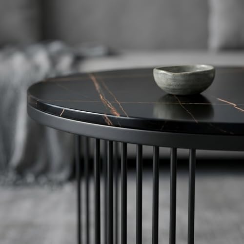 Image of Coffee Table, 20 inch Round Coffee Table Set of 2, Wooden Nesting Table with Metal Frame, Center Tables for Living Room Bedroom Balcony Bedside Table Full Black