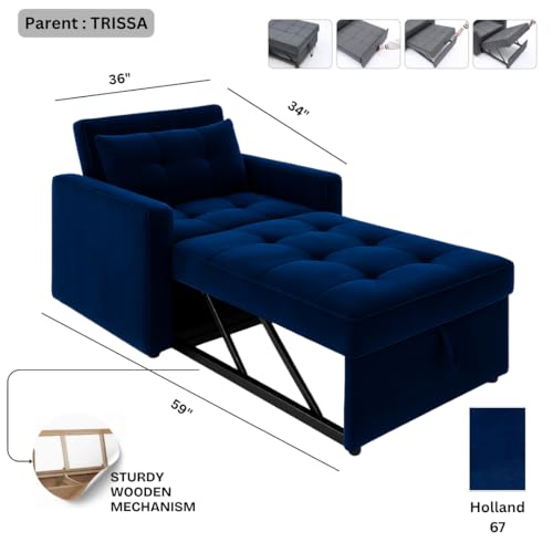 Image of FURNY Tressa 1 Seater Fabric Pull-Out Sofa Cum Bed (Blue) | Premium Velvet Finish | Durable Comfort | Ideal for Living Room