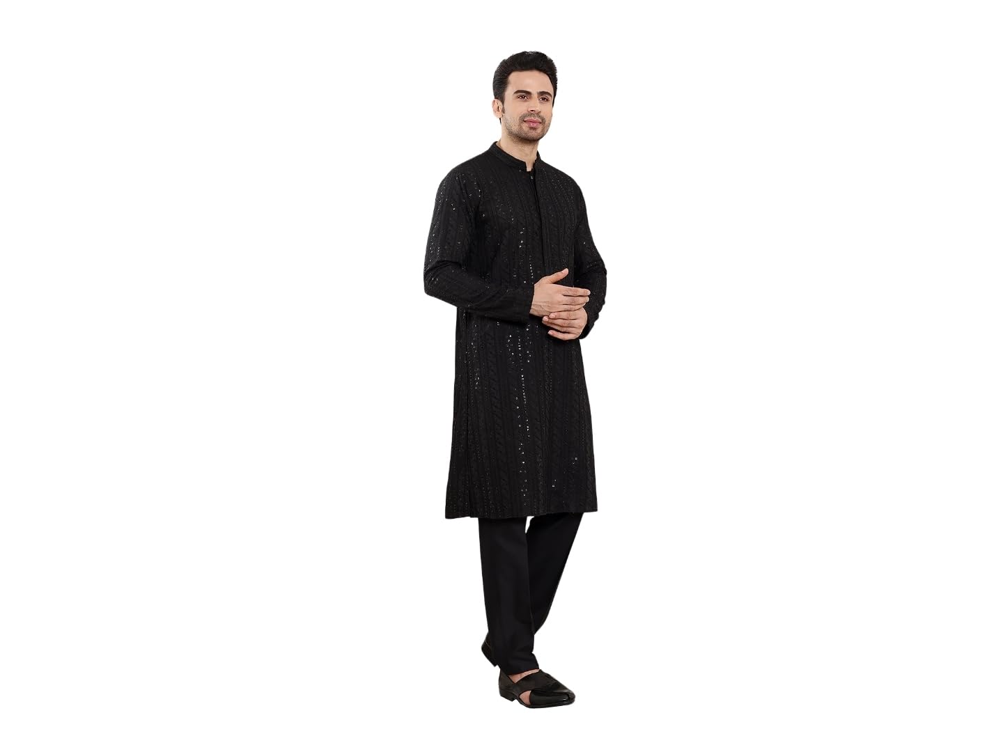 ms multi shades Men's Long Sleeve Elegant Straight Viscose Silk Kurta with Embroidery and Black Solid Churidar-picture-13