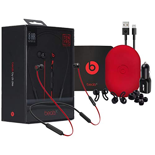 Beats BeatsX Wireless Earphones - The Decade Collection - Defiant Black-Red Headphone W/MKK Car Adapter -Wall Charger (Renewed)