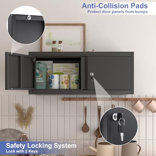 Image of Garage Locking Cabinet, 13 inch H Garage Storage Cabinet Wall Mounted, Floating Storage Organization for RV, Hanging Tool Storage Cabinets for School, Office, Warehouse, Black