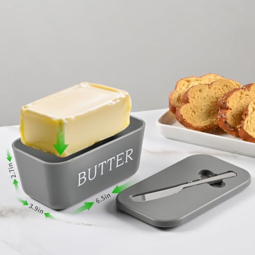 Image of Kyraton Large Plastic Butter Dish with Lid and Knife, Food Grade PP Butter Holder Keeper with Cover for Kitchen Refrigerator Butter Container (Grey)