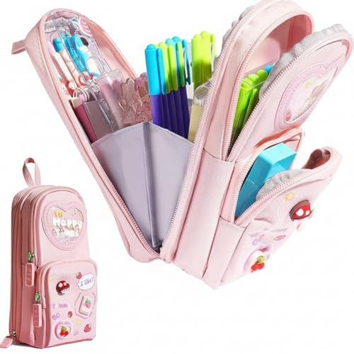 Umadiya Canvas Premium Pencil Case 6 Layer With 3 Compartment Cute Aesthetic Pencil Case Girls Large Capacity Pen Pencil Pouch Multifunctional Pouch School Kids, Cute Stationary Gift Children, pink