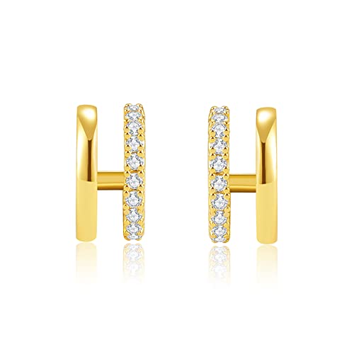 Image of Obidos 14K Gold Plated Illusion Stud Earrings for Women | Triple Huggie Hoop Earrings for One Hole| Trendy Simple Hypoallergenic Fashion Accessories Gold Jewelry Gifts for Womens