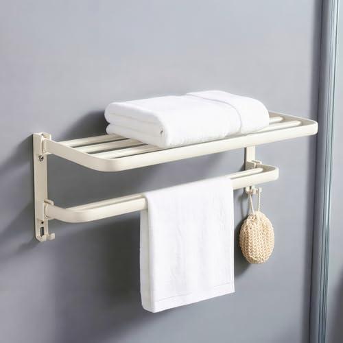 Image of MIORAH 24 Inch Powder - Coated Aluminium Towel Rack with Hooks - Rust - Free, Space - Saving Bathroom No Drill Self Adhesive Towel Rack Easy Installation White