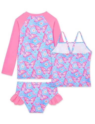 Image of Girls Rash Guard Swimsuit 3 Pieces Long Sleeve UPF50+ Quick Dry Bathing Suit for Toddler 3-12Y