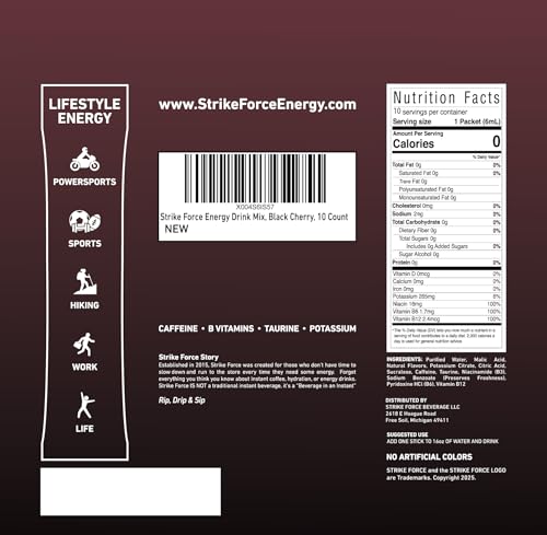 Image of Strike Force Energy Drink Mix - Black Cherry Flavor - Natural Tasting Caffeine Drink - Turn Any Drink into a Healthy Energy Drink - Zero Calories, Keto Friendly, Sugar Free, Pre Workout (10 Liquid Packs)