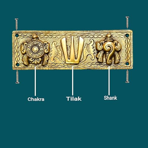 Image of FLAIMYST Shank Chakra Tilak for Door Entrance in Aluminium Metal, Tirupati Door Wall Hanging Shankh Chakra Namah Decorative for Home, Office, Room, Religious House Warming (Gold Plating Antique)