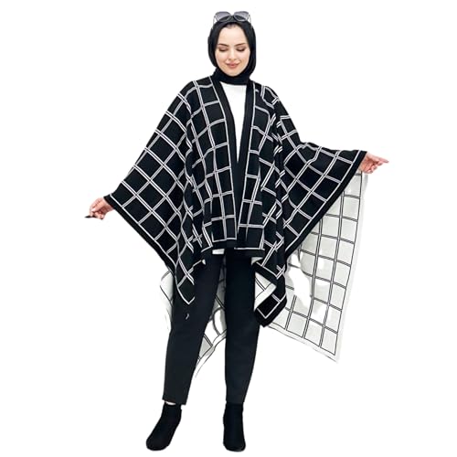 Chal de capa con patrón de cuadrícula para mujer, tela de punto suave, elegante capa frontal abierta, envoltura elegante y acogedora, aspecto minimalista moderno para cada temporada, color negro