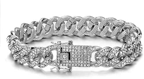 18K gold-plated 13mm wide Cuban chain ice crystal chain bracelet, hip hop silver and gold rap bracelet, 9 inches for men and women