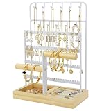 JONKASIPA Jewelry Holder Organizer Stand 4-Tier Necklace Stand Earring Holder with Wooden Tray, Jewelry Rack for Bracelets Watches and Rings Display Stand, Gifts for Women & Girls-White