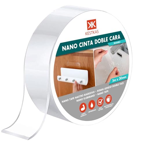 KESTKAS Cinta de Doble Cara Extrafuerte 30mm x 5m - Cinta Adhesiva Doble Cara Extrafuerte | Lavable | Multifuncional | Sin Residuos | Nano Tape manualidades.
