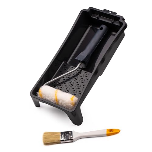 MIVOS Praktisches Malerset 4-teilig - Farbroller 10cm - Pinsel für Emulsionen - Farbwanne 28x16cm - Steckbügel 27cm - Streichen Set - MADE IN EU